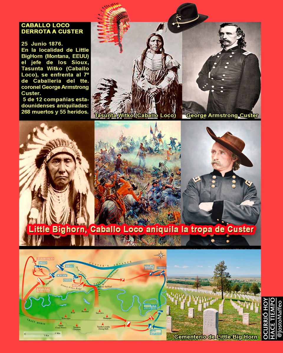 JostoMaffeo's tweet photo. 🪶 ⚔️ 📚 #CaballoLoco derrota a Custer
25 Junio 1876.
En #LittleBigHorn (#Montana) el jefe de los #Sioux, Tasunta #Witko, se enfrenta al 7º de Caballeria del tte. coronel George Armstrong #Custer.
5 de 12 compañías estadounidenses aniquiladas: 268 muertos y 55 heridos. https://t.co/nqAUW3lIMb