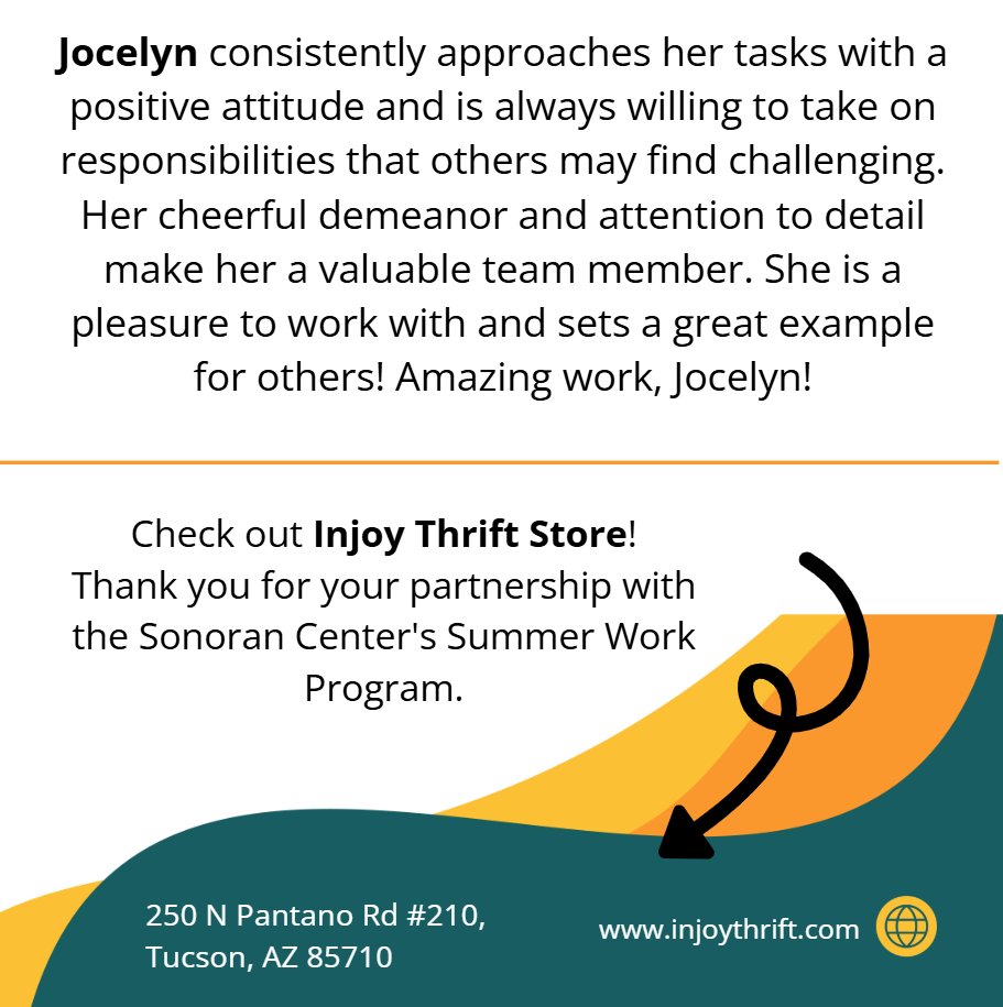 Meet Jocelyn, this week's Student Worker Spotlight! Jocelyn has been helping out at InJoy Thrift Store this summer and has been a great addition to their team! To learn more about our Summer Work Program, visit: bit.ly/SummerWorkProg….