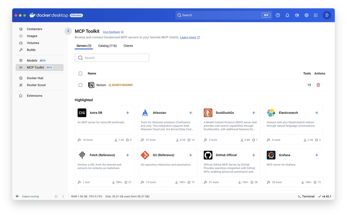 therealdanvega's tweet image. The MCP Toolkit is no longer an extension that you have to install in the latest version of Docker Desktop. If you don't want to install MCP servers by copy/pasting servers into a config file and hard coding secrets this is a great way to go 👏