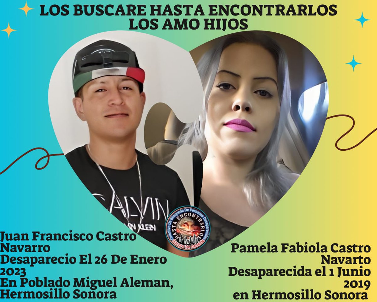 #TeBuscamosPamelaFabiolaCastroNavarro
#Desaparecida el
01/06/2019 #TeBuscamosIvanFcoCastroNavarro#Desaparecido el 26/01/2023 En Miguel Alemán #SonoraMexico
En #Hermosillo  #Sonora. #México🇲🇽
 Vía <a href="/NormaGu10196522/">Norma Guadalupe Castro Navarro</a> 
#RTsSolidarios
 <a href="/sangrederebelde/">🇲🇽 Colectivo De Búsqueda SangreDeRebelde🇲🇽</a>