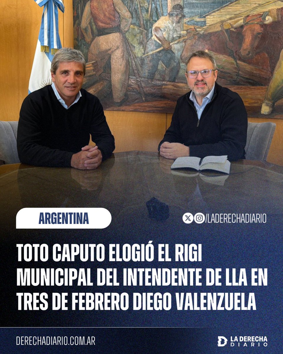 🇦🇷 | El Ministro de Economía "Toto" Caputo elogió al intendente de La Libertad Avanza en Tres de Febrero, Diego Valenzuela, quien está llevando el modelo de Milei a nivel municipal: "<a href="/dievalen/">Diego Valenzuela</a> ha comenzado con la competencia impositiva, vía tasas sustancialmente más bajas que