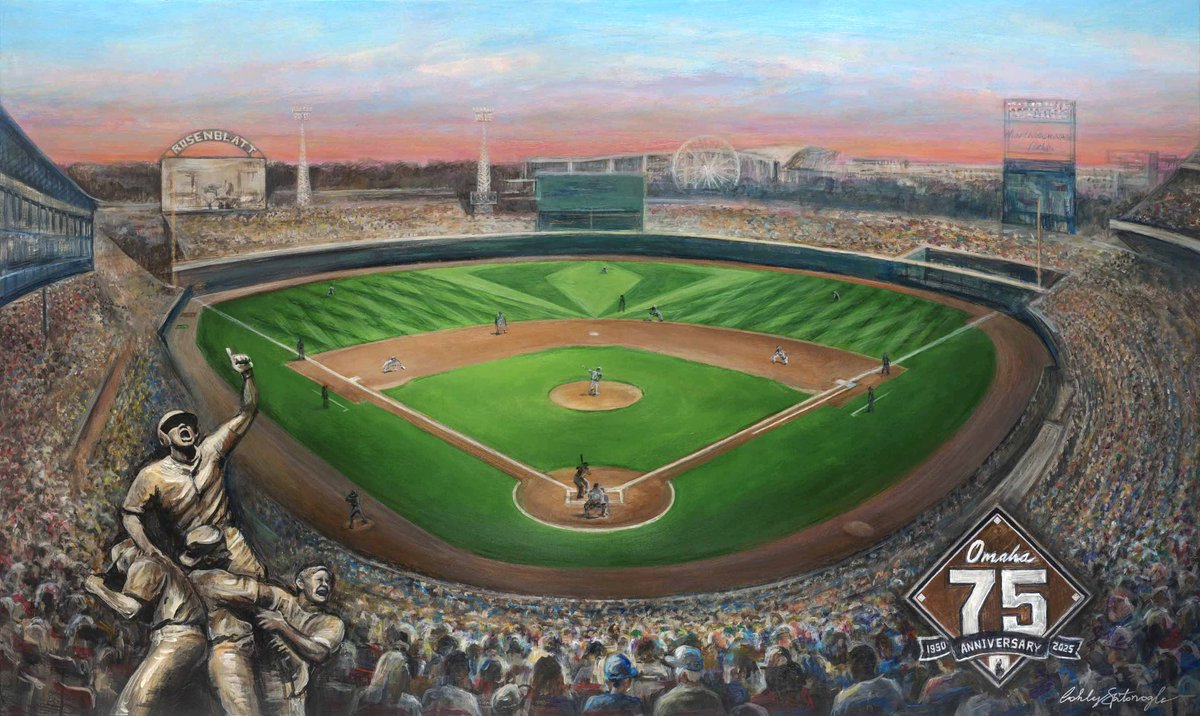 Aspitsnogle's tweet image. Honoring the Past to Present - 75 years of the #CWS in Omaha. It begins with Rosenblatt's iconic lights & colorful seats to today's stadium with the Omaha skyline.
The original will hang in the stadium - A variety of print options are available. To order: ashleyspitsnogle.com/product-page/c…