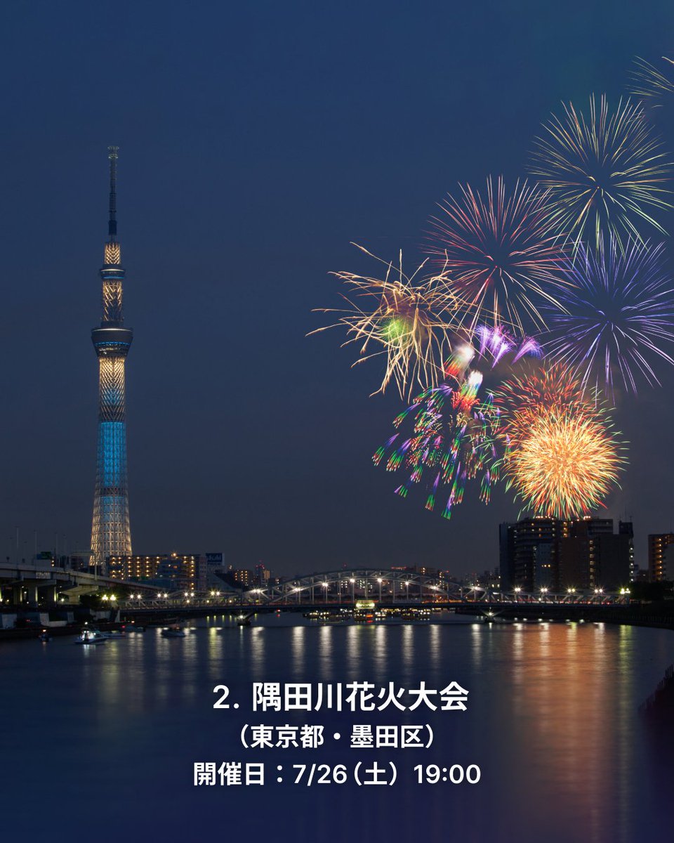 YahoojpMap's tweet photo. ＼ひと夏の華やかな思い出✨／
7月に開催される #花火大会 をご紹介します🎆

1⃣東京競馬場花火2025（東京都・府中市）
🗓️開催日：7/2（水）

2⃣隅田川花火大会（東京都・墨田区）
🗓️開催日：7/26（土）

3⃣鎌倉花火大会（神奈川県・鎌倉市）
🗓️開催日：7/18（金）

4⃣海の日名古屋みなと祭花火大会（愛知県・名古屋市）
🗓️開催日：7/21（月・祝）

夏本番の花火は迫力満点✨ぜひ楽しんでください😄