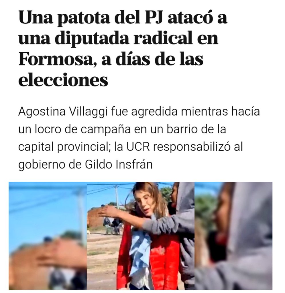 Nuestra solidaridad con la Diputada Provincial <a href="/agosvillaggi/">agostina villaggi</a> de la <a href="/ucrformosa/">UCR Formosa</a> ante la salvaje agresión en un acto de campaña electoral. La violencia feudal del gildismo no podrá impedir la participación democrática del pueblo formoseño en busca de su libertad ✉️📦🇦🇷