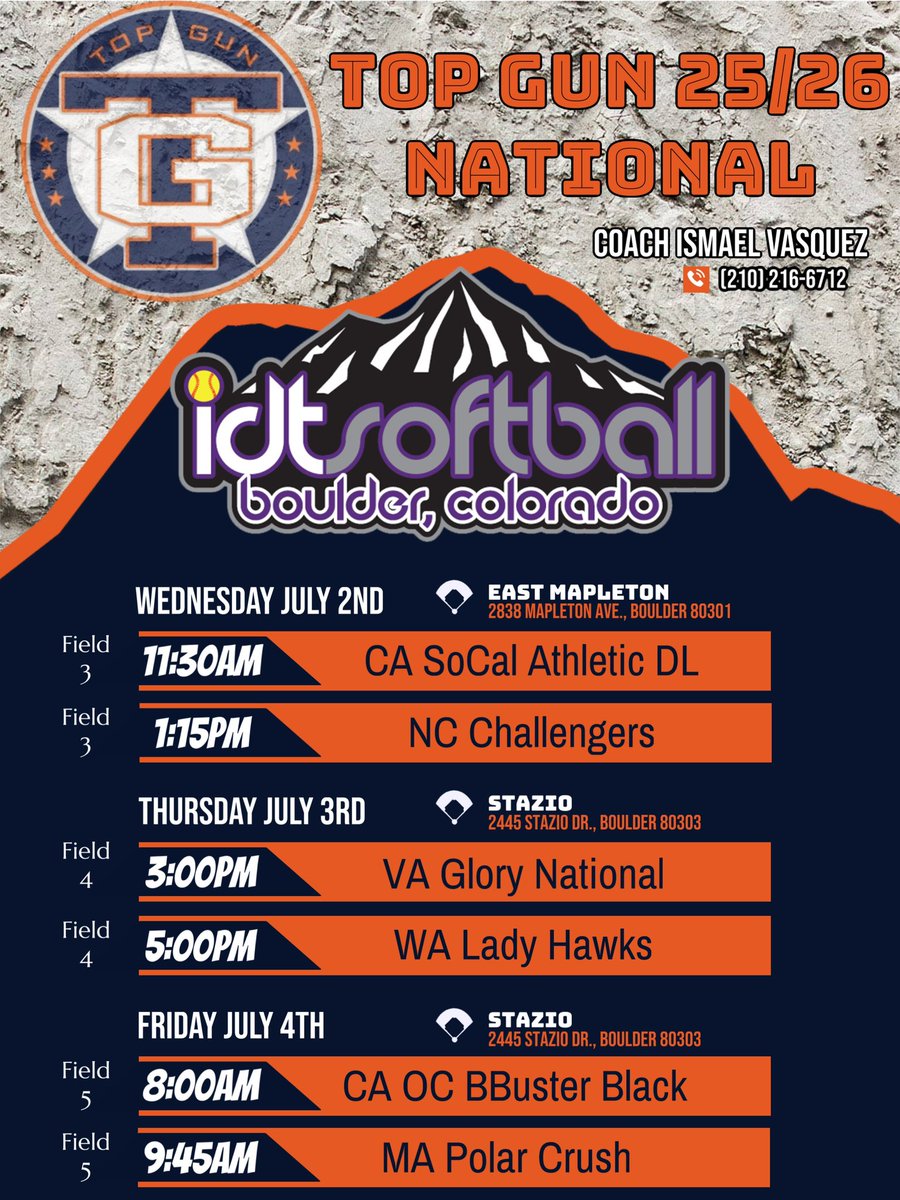 Top Gun - 25/26 National (@tganational2526) on Twitter photo IDT Schedule Drop! Come out and catch a game or two…or three. We still have some talented 2026s on the board.
<a href="/topgunfastpitch/">Top Gun Fastpitch</a> <a href="/TGA_Turner/">Top Gun National 18U</a> <a href="/ExtraInningSB/">EXTRA INNING SOFTBALL</a> <a href="/SoftbalAmerica/">Softball America</a> IDT Schedule Drop! Come out and catch a game or two…or three. We still have some talented 2026s on the board.
<a href="/topgunfastpitch/">Top Gun Fastpitch</a> <a href="/TGA_Turner/">Top Gun National 18U</a> <a href="/ExtraInningSB/">EXTRA INNING SOFTBALL</a> <a href="/SoftbalAmerica/">Softball America</a>