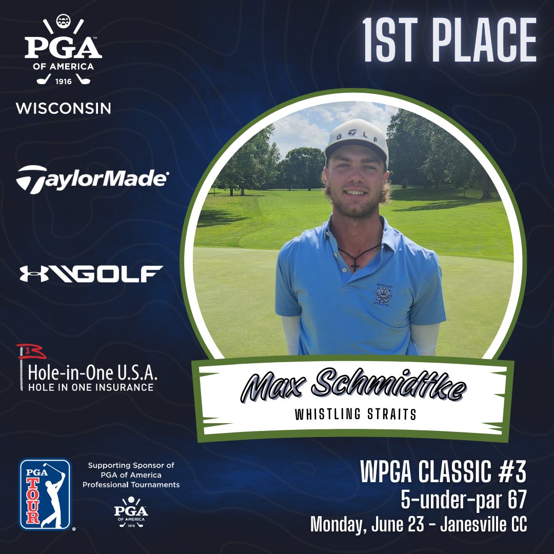 Wisconsin PGA (@wisconsinpga) on Twitter photo A big congrats to Max Schmidtke of <a href="/GolfKohler/">Golf Kohler</a>.
In just his second Wisconsin PGA event as a PGA associate, he secured the win at WPGA Classic #3 at <a href="/JanesvilleCC/">Janesville CC</a> on Monday.
Max closed with 3 birdies in his final 4 holes to leapfrog past Mick Smith for a one shot victory.
A A big congrats to Max Schmidtke of <a href="/GolfKohler/">Golf Kohler</a>.
In just his second Wisconsin PGA event as a PGA associate, he secured the win at WPGA Classic #3 at <a href="/JanesvilleCC/">Janesville CC</a> on Monday.
Max closed with 3 birdies in his final 4 holes to leapfrog past Mick Smith for a one shot victory.
A