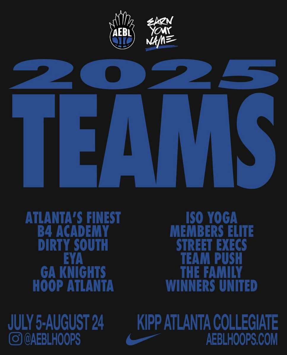 Welcome to #AEBLHoops Summers. 

Season 13 Is Here!! 

Save this post. Grab the crew and head out to the league Kickoff Weekend.

Kipp Atlanta Collegiate
98 Anderson Ave NW

#EarnYourName #atlanta #summerhoops #proam #hoopculture #nba #ncaa #aaubasketball