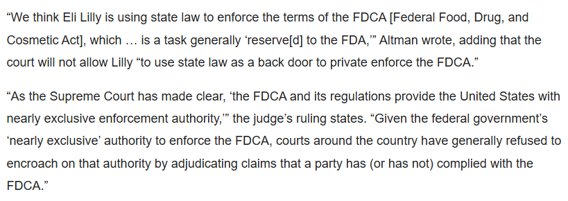 _Sgr_A_Star's tweet photo. $NVO is well aware they can't sue $HIMS. The "NVO will sue" is just noise.

There is decades of legal precedent allowing the compounding of medications under the 503A exemption under the FDCA.

The FDCA (federal law) provides no (legal) private right of action for any citizen or company to sue for deemed violations.  Many courts have ruled that enforcement of the FDCA is reserved almost entirely to the FDA or the DOJ.

Every lawsuit brought on by NVO or Lilly against telehealth companies to date have been around trademark infringement, or false marketing of safety approvals. Not one has challenged a telehealth company's right to compound under the 503A exemption because 1.) they can't, there is no private right of action, and 2.) because it's legal.

NVO would now like us to believe, that "mass compounding" which is typically a moniker used for 503B pharmacies (which are pharmacies that are allowed to compound in mass or bulk, when a drug is in shortage designation)  is the same thing as "too much 503A"  exemptions.  They're trying to conflate "too much 503A" with actual mass compounding of a 503B.

Last year, Eli Lilly tried using state courts to enforce the FDCA (again, they can't), and attached is how the judge ruled.

THANK YOU FOR YOUR ATTENTION TO THIS MATTER. THE GOD PARTICLE.  😅