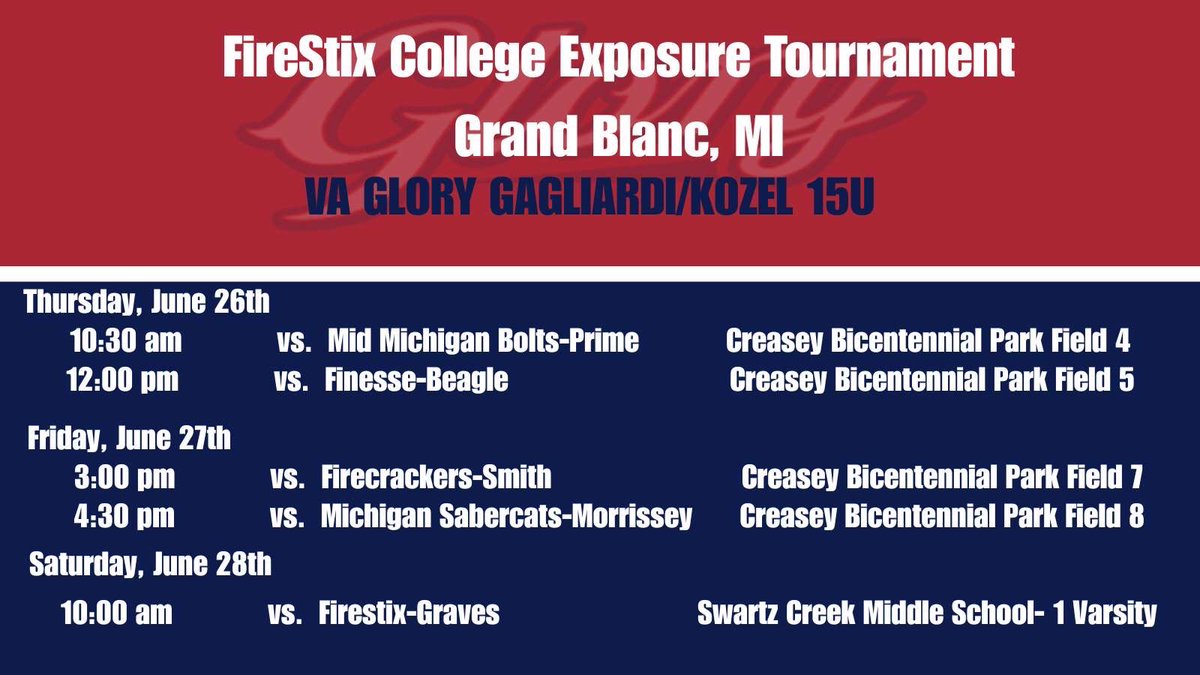 Frankie Gagliardi (@frankiejules6) on Twitter photo I play in the FireStix College Exposure Tournament in Michigan this weekend.
Here’s my schedule!!!
<a href="/VGGagliardi/">VA Glory National Gagliardi 2025</a>
<a href="/CoachFrankieG13/">Frank Gagliardi</a>
<a href="/FerrisState/">Ferris State Univ.</a>
<a href="/WesternMichU/">Western Michigan University</a>
<a href="/GVSU/">Grand Valley State</a>
<a href="/LewisSoftball/">Lewis Softball</a>
<a href="/WinonaStateATH/">Winona State Warriors</a> I play in the FireStix College Exposure Tournament in Michigan this weekend.
Here’s my schedule!!!
<a href="/VGGagliardi/">VA Glory National Gagliardi 2025</a>
<a href="/CoachFrankieG13/">Frank Gagliardi</a>
<a href="/FerrisState/">Ferris State Univ.</a>
<a href="/WesternMichU/">Western Michigan University</a>
<a href="/GVSU/">Grand Valley State</a>
<a href="/LewisSoftball/">Lewis Softball</a>
<a href="/WinonaStateATH/">Winona State Warriors</a>