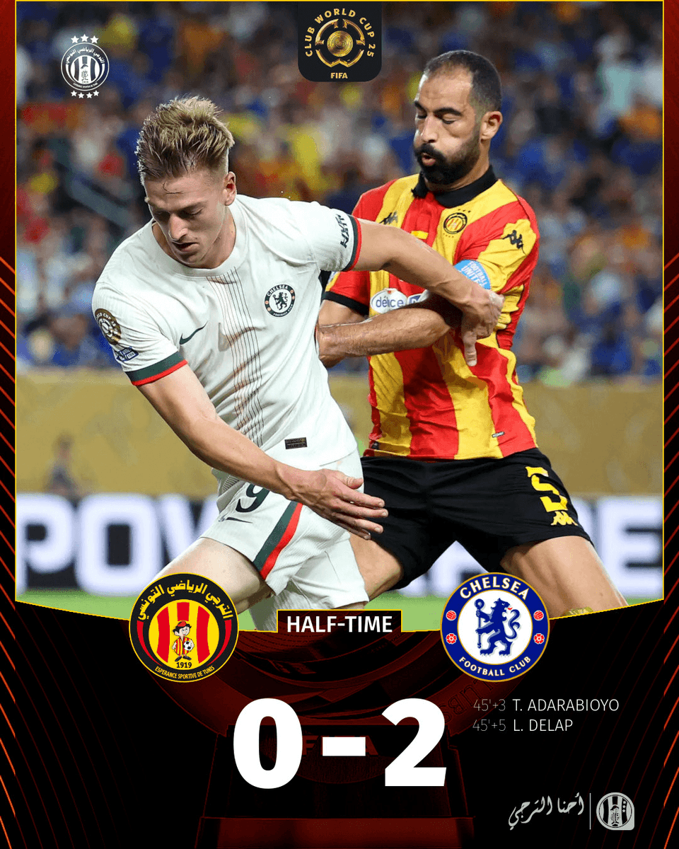 ESTuniscom's tweet photo. ⏱ HT | #FIFACWC Group D #ESTCFC | 🇹🇳@ESTuniscom 0⃣-2⃣ @ChelseaFC🏴 : End of the first half / نهاية الشوط الاول / Fin de la première période https://t.co/dsl1imqXGK