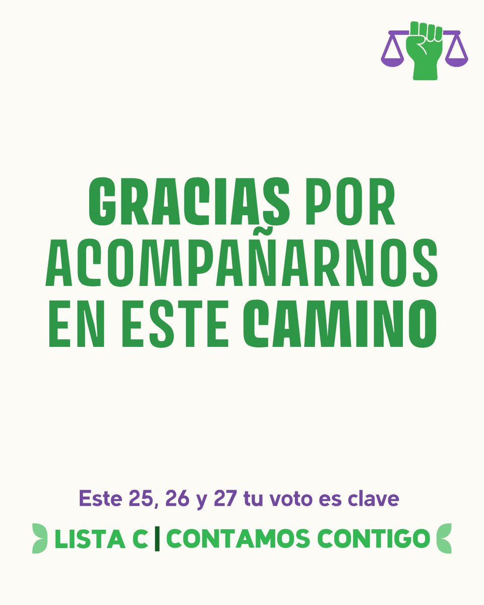Gracias por acompañarnos 💜
Creemos en un Colegio más justo, ético y diverso.
Este 25, 26 y 27 vota Lista C 🗳️
#TodasYTodosAlColegio #ContamosContigo