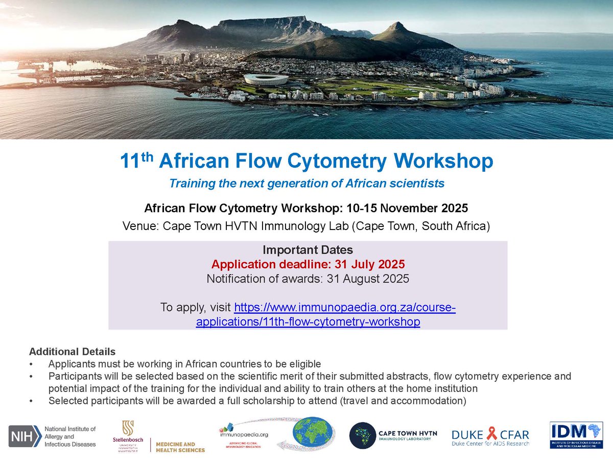 🔬 Applications open!
Join the 11th African Flow Cytometry Workshop
📅 10–15 November 2025
📍 Cape Town, South Africa

🌍 Open to scientists from Africa
🧪 Full scholarships available
📌 Apply by 31 July 2025
🔗 immunopaedia.org.za/course-applica…

#FlowCytometry #ImmunologyTraining