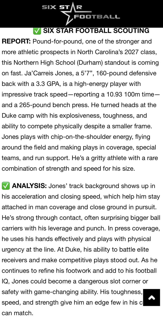 Ja’Carreis Jones Class of 2027 ATH
Listed as one of the Top DB Performers at Duke Prospect Camp. #ALLN ⚔️