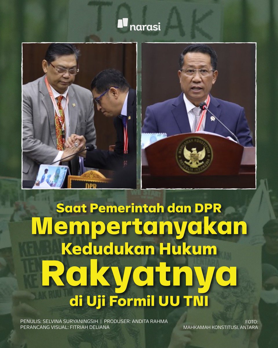 Alasan pemerintah dan DPR menolak gugatan uji formil UU TNI: mereka mahasiswa, karyawan swasta, ibu rumah tangga, dan aktivis bukan prajurit atau calon prajurit TNI, jadi enggak bertautan langsung dengan undang-undang yang diujikan.

Sebenarnya MK pernah mengabulkan legal