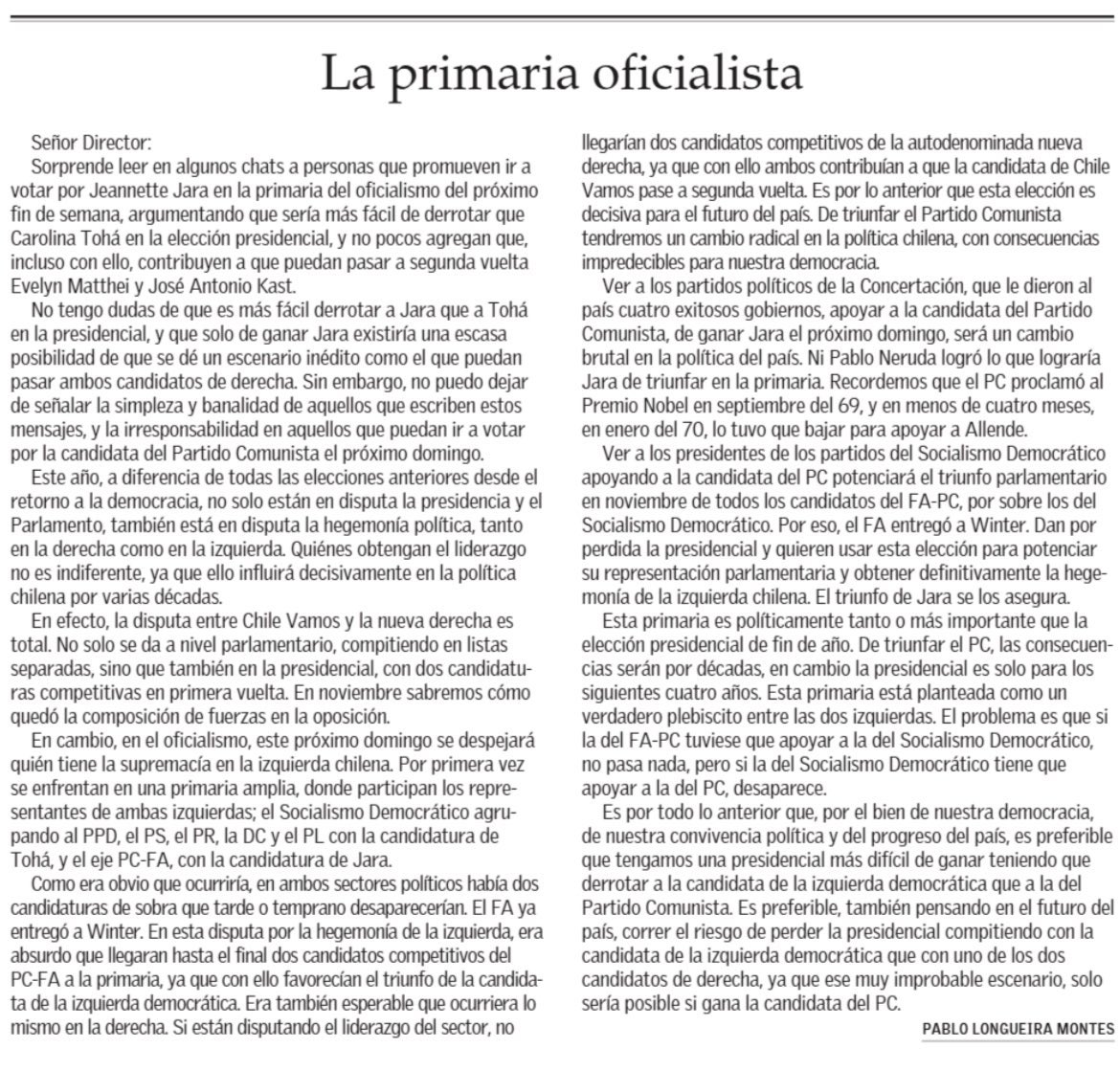 Que salga en el mercurio Pablo Longueira, que actualmente enfrenta un juicio criminal por haber recibido coimas de SQM, llamando a votar por <a href="/Carolina_Toha/">Carolina Tohá</a>, quien fue presidenta del PPD cuando SQM financiaba ilícitamente al partido, es un acto grotesco (y desesperado…)