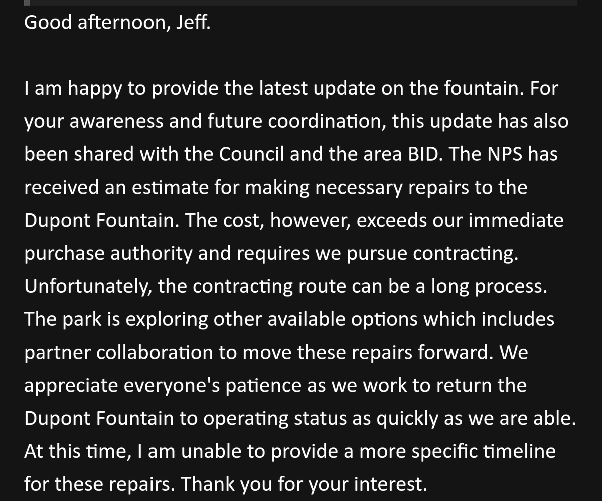 Jeff2B02's tweet image. Latest update on the #DupontCircleFountain.
In a nutshell NPS has to go to a bidding process for the repair. They haven't provided an explanation of what the problem is, much less why the work completed last year had already failed.
@EleanorNorton
