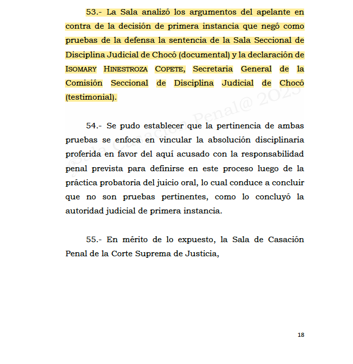 No es posible incorporar en el proceso penal decisiones disciplinarias o fiscales que reflejan la valoración de las pruebas allí practicadas porque el juez penal debe decidir de forma autónoma e independiente. drive.google.com/file/d/1-EC29T…