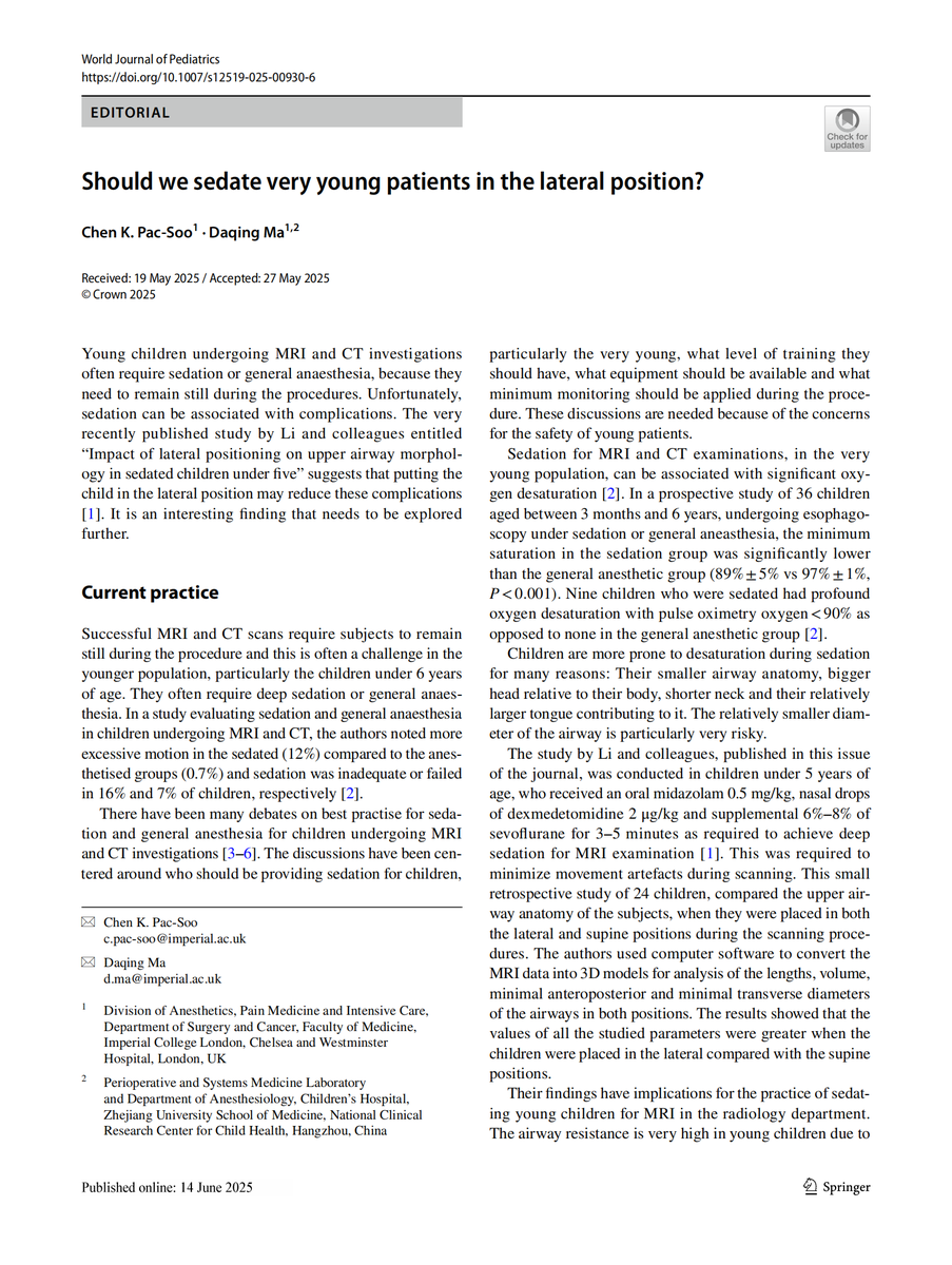 World_J_Pediatr's tweet image. Placing sedated young children in the lateral position may improve airway dimensions and reduce sedation-related complications during imaging.
#Meded #SoMe4PedSurg #Pediatrics #PublicHealth #Sedation #AirwayManagement
link.springer.com/article/10.100…