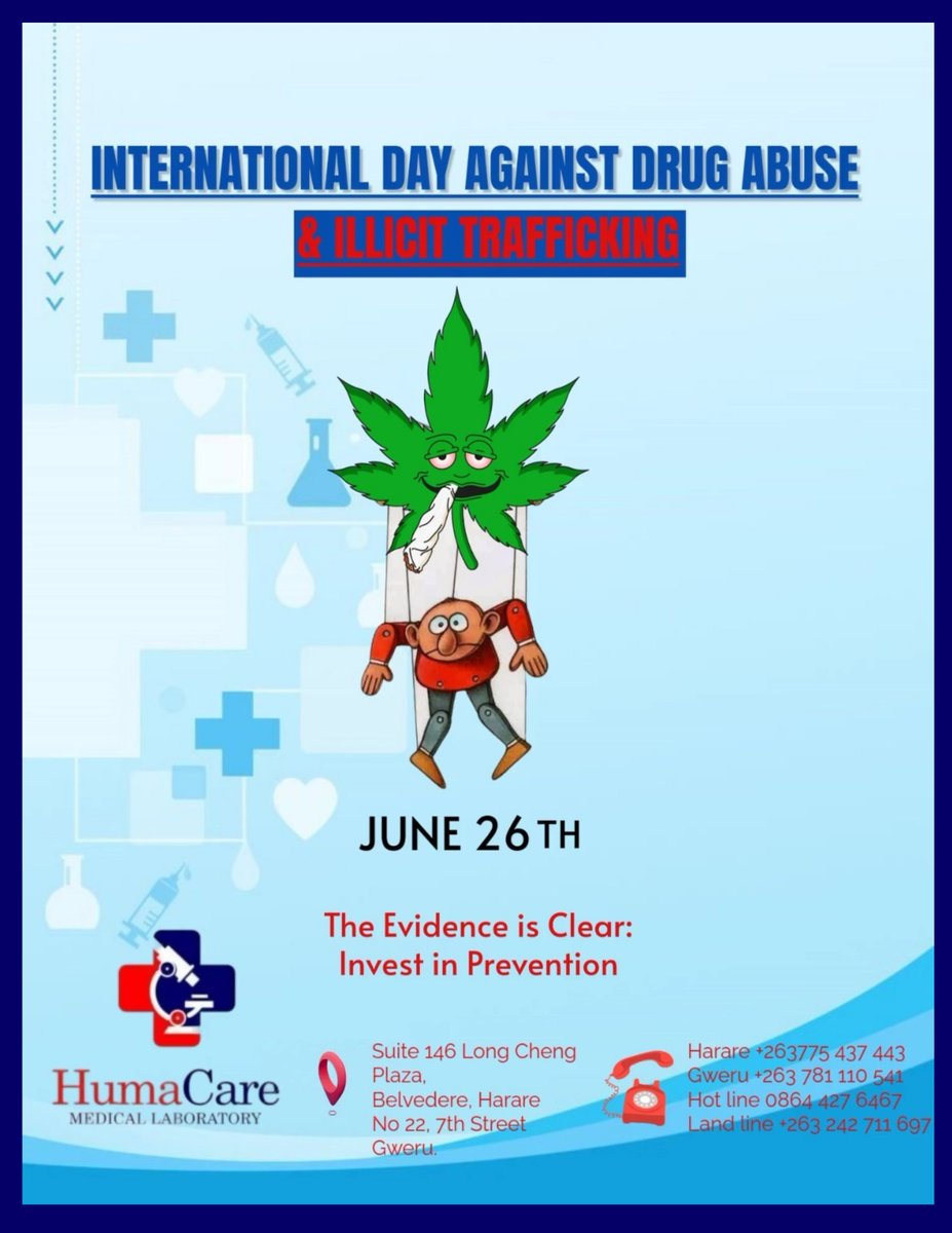 Humacare_zw's tweet photo. Int'l Day Against Drug Abuse: "The Evidence is Clear: Invest in Prevention."

HumaCare Lab supports this call &amp; offers reliable drug screening for:  
✅AMP ✅BZO ✅COC ✅MDMA ✅MTD ✅THC https://t.co/4QDRrlWGQX
