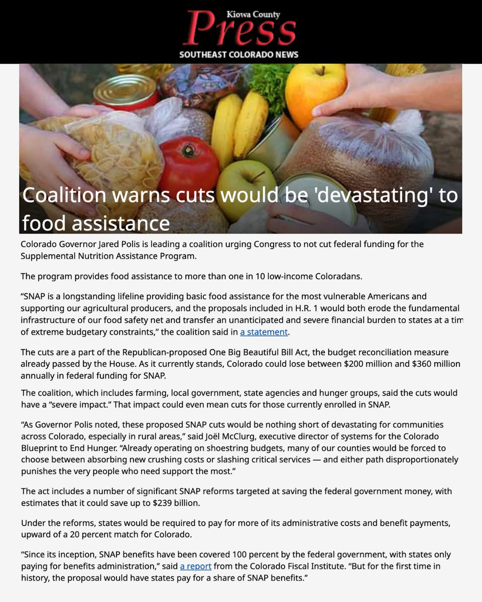 No one in Colorado should worry about where their next meal will come from. The proposed cuts to SNAP will harm families, children, and seniors. I am committed to protecting the food assistance that many people depend on.
kiowacountypress.net/content/coalit…