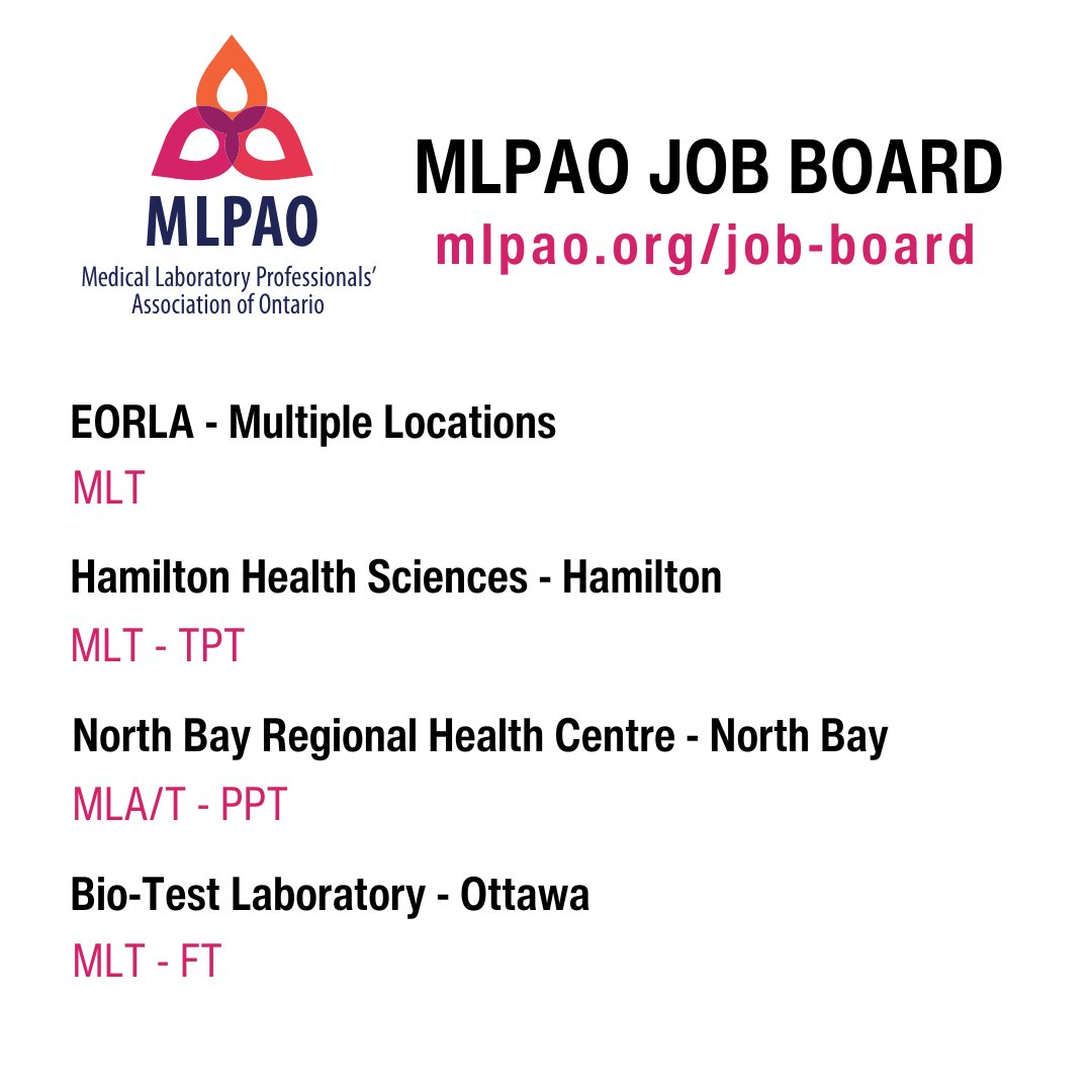 We've got listings for medical laboratory professionals at EORLA, <a href="/HamHealthSci/">Hamilton Health Sciences</a>, <a href="/NBRHC/">NBRHC</a> and Bio-Test Laboratory. 

To learn more visit our job board at mlpao.org/job-board
#ON #jobs #MedLabONT #MedLabJobs #ONLab