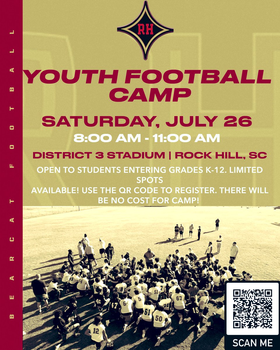 Rock Hill Football (@rhhsbearcatsfb) on Twitter photo ๐พ๐ BEARCATS YOUTH FOOTBALL CAMP ๐๐พ
๐
July 26th
๐ District 3 Stadium
โฐ 8:00 โ 11:00 AM
๐ Grades Kโ12
๐ฐ FREE!
๐ฒ Follow the QR code
๐ See flier for details
๐ฅ Come train with the best. Learn skills. Build confidence. Have fun!
#FutureIsNow #EarnIt ๐พ <a href="/BoulwareLeon/">Coach Boulware</a> ๐พ๐ BEARCATS YOUTH FOOTBALL CAMP ๐๐พ
๐
July 26th
๐ District 3 Stadium
โฐ 8:00 โ 11:00 AM
๐ Grades Kโ12
๐ฐ FREE!
๐ฒ Follow the QR code
๐ See flier for details
๐ฅ Come train with the best. Learn skills. Build confidence. Have fun!
#FutureIsNow #EarnIt ๐พ <a href="/BoulwareLeon/">Coach Boulware</a>