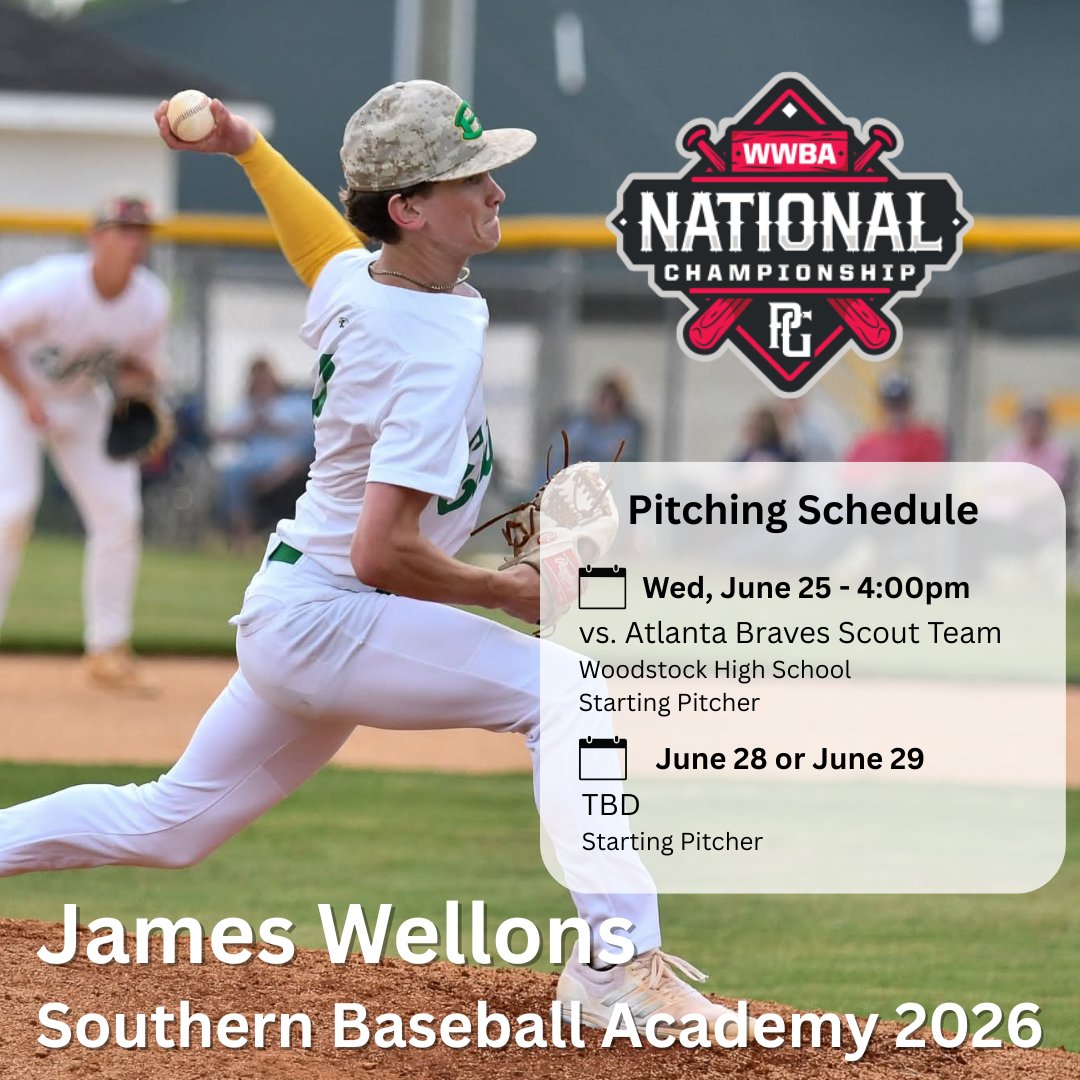 James William (@jameswellons6) on Twitter photo I will be pitching Wednesday, 6/25 at Woodstock High School at 4 pm for <a href="/South_Base_Acad/">Southern Baseball Academy</a> at PG WWBA 17u.
<a href="/CoachHege/">Coach Hege</a> <a href="/PG_Coastal/">PG Coastal Scouting</a> <a href="/Eahs_baseball1/">Eastern Alamance baseball</a> <a href="/PerfectGameUSA/">Perfect Game USA</a> <a href="/PG_Scouting/">Perfect Game Scout</a> <a href="/BUncommitted/">Baseball_Uncommitted</a> <a href="/FlatgroundApp/">FLATGROUND Pitching</a> #PGWWBA17U I will be pitching Wednesday, 6/25 at Woodstock High School at 4 pm for <a href="/South_Base_Acad/">Southern Baseball Academy</a> at PG WWBA 17u.
<a href="/CoachHege/">Coach Hege</a> <a href="/PG_Coastal/">PG Coastal Scouting</a> <a href="/Eahs_baseball1/">Eastern Alamance baseball</a> <a href="/PerfectGameUSA/">Perfect Game USA</a> <a href="/PG_Scouting/">Perfect Game Scout</a> <a href="/BUncommitted/">Baseball_Uncommitted</a> <a href="/FlatgroundApp/">FLATGROUND Pitching</a> #PGWWBA17U