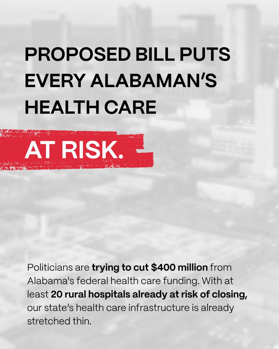 If the “Big Beautiful Bill” passes, Alabama’s already strained health care system could collapse further.
Hospitals will close. People will become uninsured. Lives will be lost.
We need to stop it.
Take action: contact your lawmakers today. votervoice.net/CoverAlabama/C…