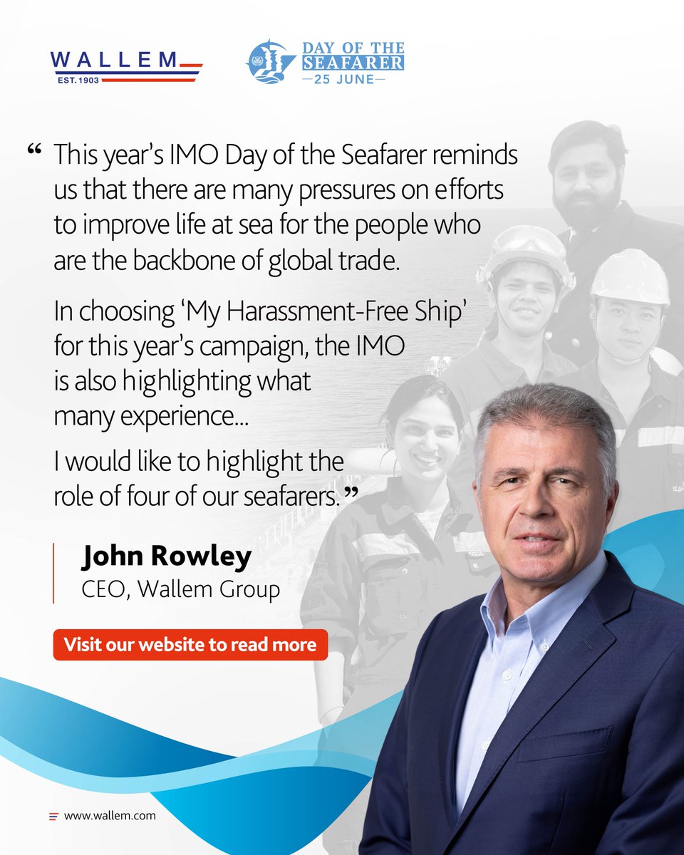 A message from John Rowley, CEO of <a href="/WallemGroup/">Wallem</a> for <a href="/IMOHQ/">International Maritime Organization</a> Day of the Seafarer 2025.

lnkd.in/gtXx2UMh

#WallemGroup #ShipManagement #DayOfTheSeafarer2025 #MyHarassmentFreeShip