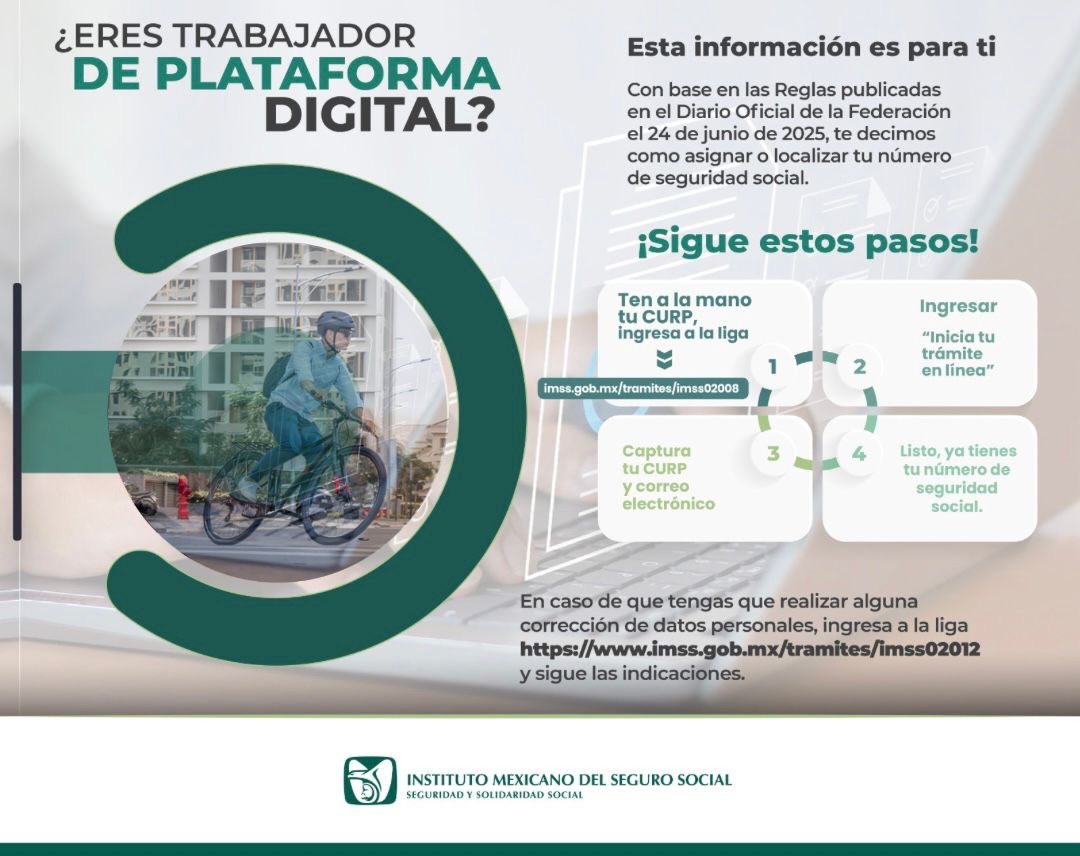 imssdigital's tweet photo. Si eres 𝐓𝐫𝐚𝐛𝐚𝐣𝐚𝐝𝐨𝐫 𝐝𝐞 𝐚𝐥𝐠𝐮𝐧𝐚 𝐏𝐥𝐚𝐭𝐚𝐟𝐨𝐫𝐦𝐚 𝐃𝐢𝐠𝐢𝐭𝐚𝐥 🏍️ 🚖 🚴 📱 
esta información te interesa.  ℹ️ 

Comienza por obtener tu Número de Seguridad Social (𝐍𝐒𝐒)
#IMSSDigital https://t.co/hBZ7BslVzt