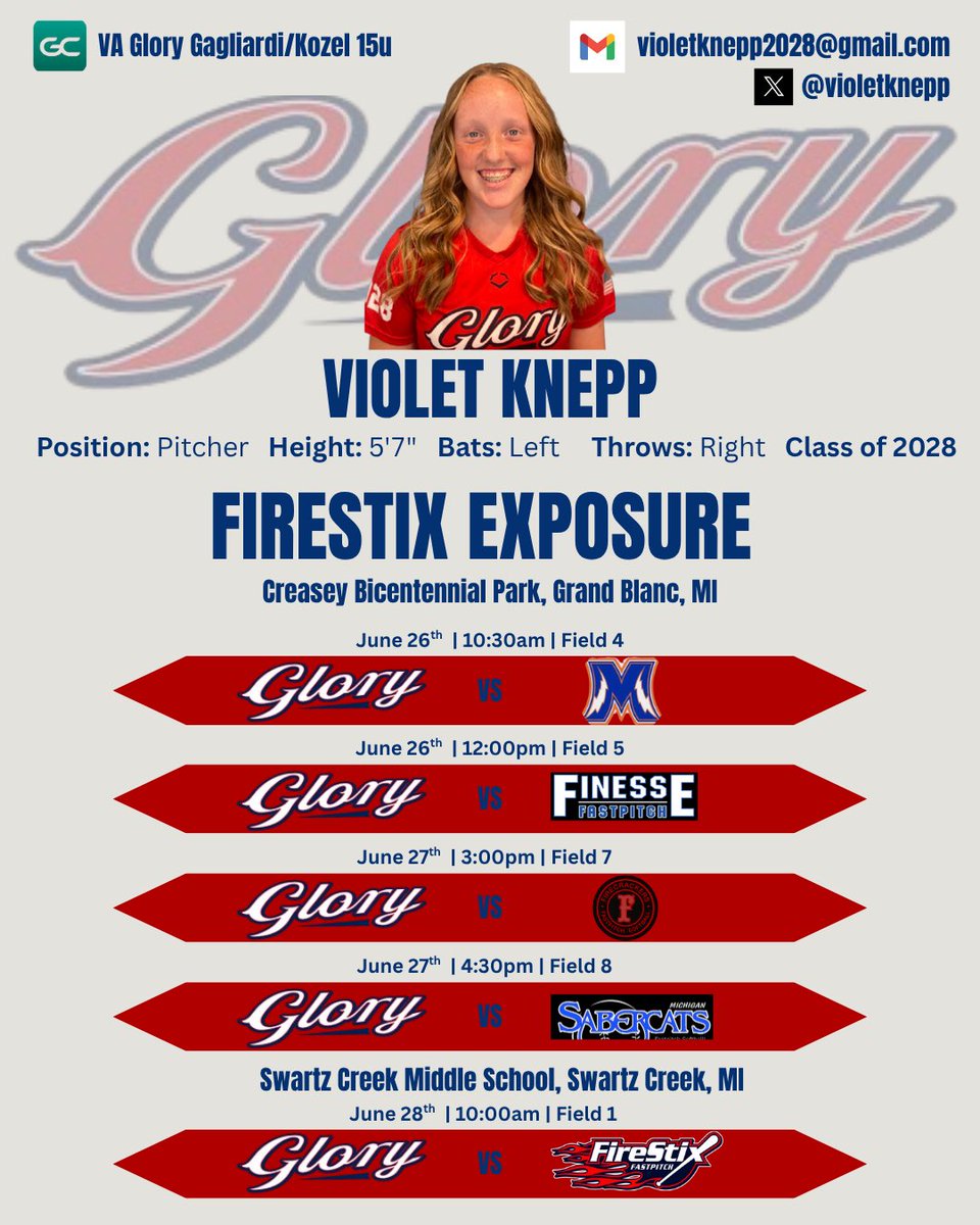 Violet Knepp 2028 (@violetknepp) on Twitter photo This weekend Iβm playing in the Firestix Showcase in Grand Blanc, Michigan. My teamβs schedule is shown below. Please note the last game is at a different complex than the first four games. I hope to see you there!
<a href="/VGGagliardi/">VA Glory National Gagliardi 2025</a> <a href="/VAGloryFP/">VA Glory Fastpitch</a> <a href="/Level_Up_FP/">Level Up Fastpitch</a> <a href="/CoachFrankieG13/">Frank Gagliardi</a> This weekend Iβm playing in the Firestix Showcase in Grand Blanc, Michigan. My teamβs schedule is shown below. Please note the last game is at a different complex than the first four games. I hope to see you there!
<a href="/VGGagliardi/">VA Glory National Gagliardi 2025</a> <a href="/VAGloryFP/">VA Glory Fastpitch</a> <a href="/Level_Up_FP/">Level Up Fastpitch</a> <a href="/CoachFrankieG13/">Frank Gagliardi</a>