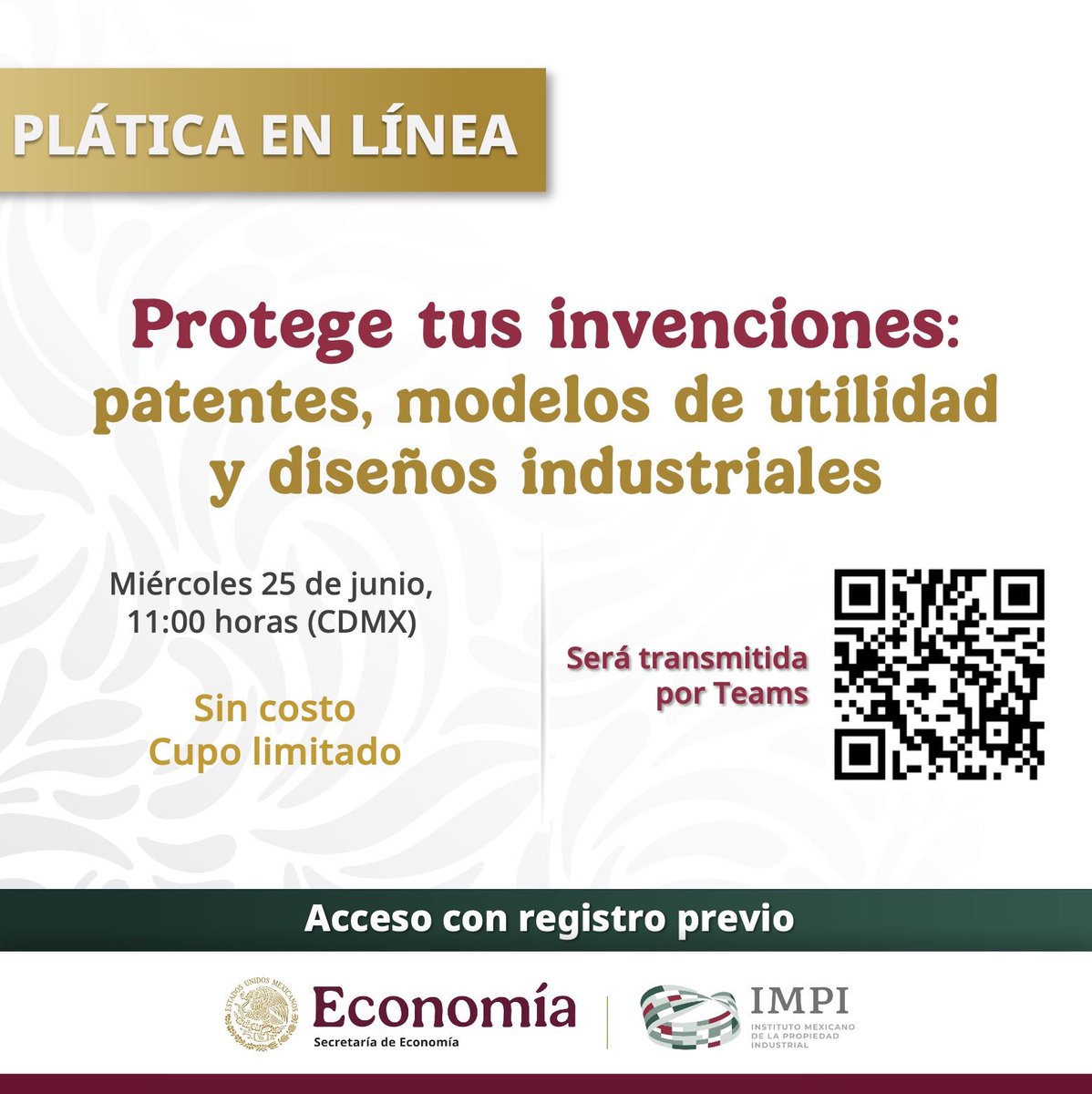 TecNM_MX's tweet photo. En el marco del convenio de colaboración suscrito entre el #TecNM y el Instituto Mexicano de la Propiedad Industrial (IMPI), se invita a la #ComunidadTecNM a participar en la plática en línea “Protege tus invenciones: patentes, modelos de utilidad y diseños industriales”. https://t.co/ShpDqfDDye