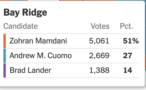 benfeuerherd's tweet image. Mamdani up double digits in Bay Ridge and nearly double digits in Dyker Heights and Bensonhurst