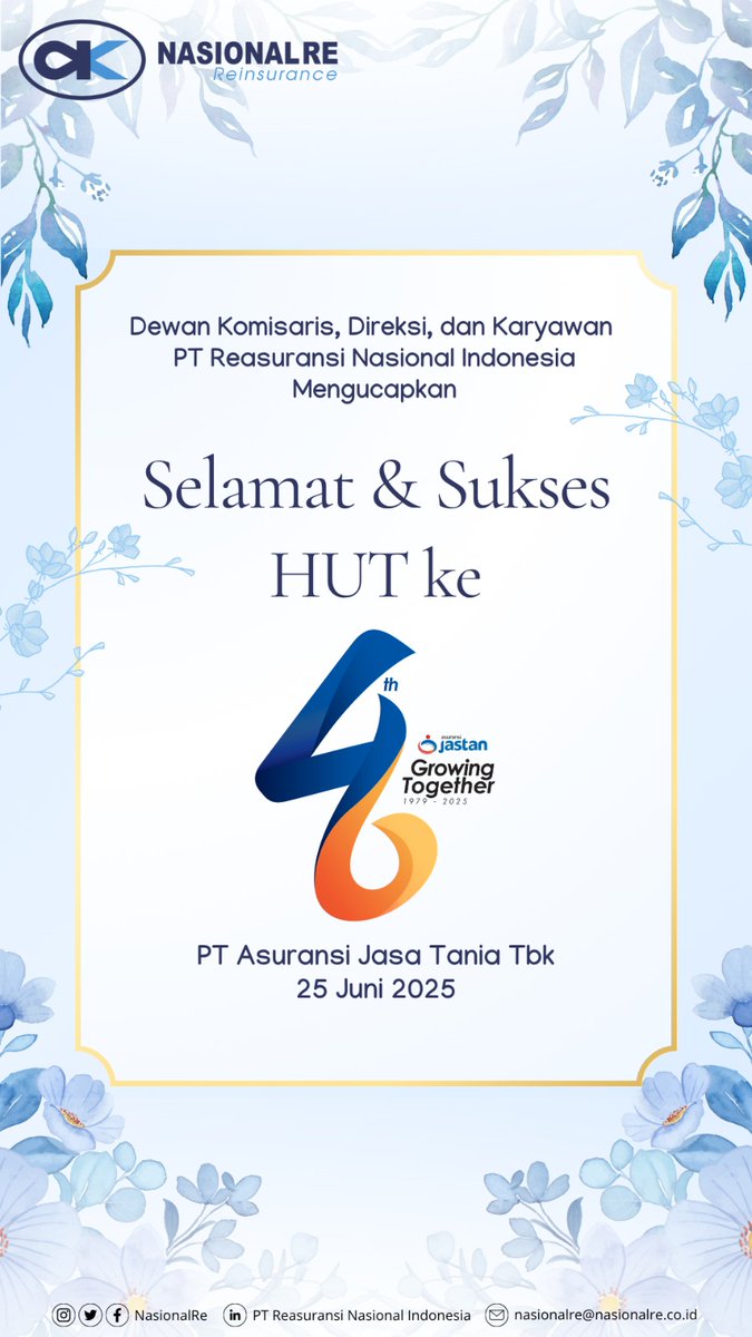 Dewan Komisaris, Direksi, dan Karyawan PT Reasuransi Nasional Indonesia mengucapkan Selamat Ulang Tahun yang Ke-46 PT Asuransi Jasa Tania Tbk. 

#NasionalRe
#NasRe
#Reasuransi
#Reinsurance
