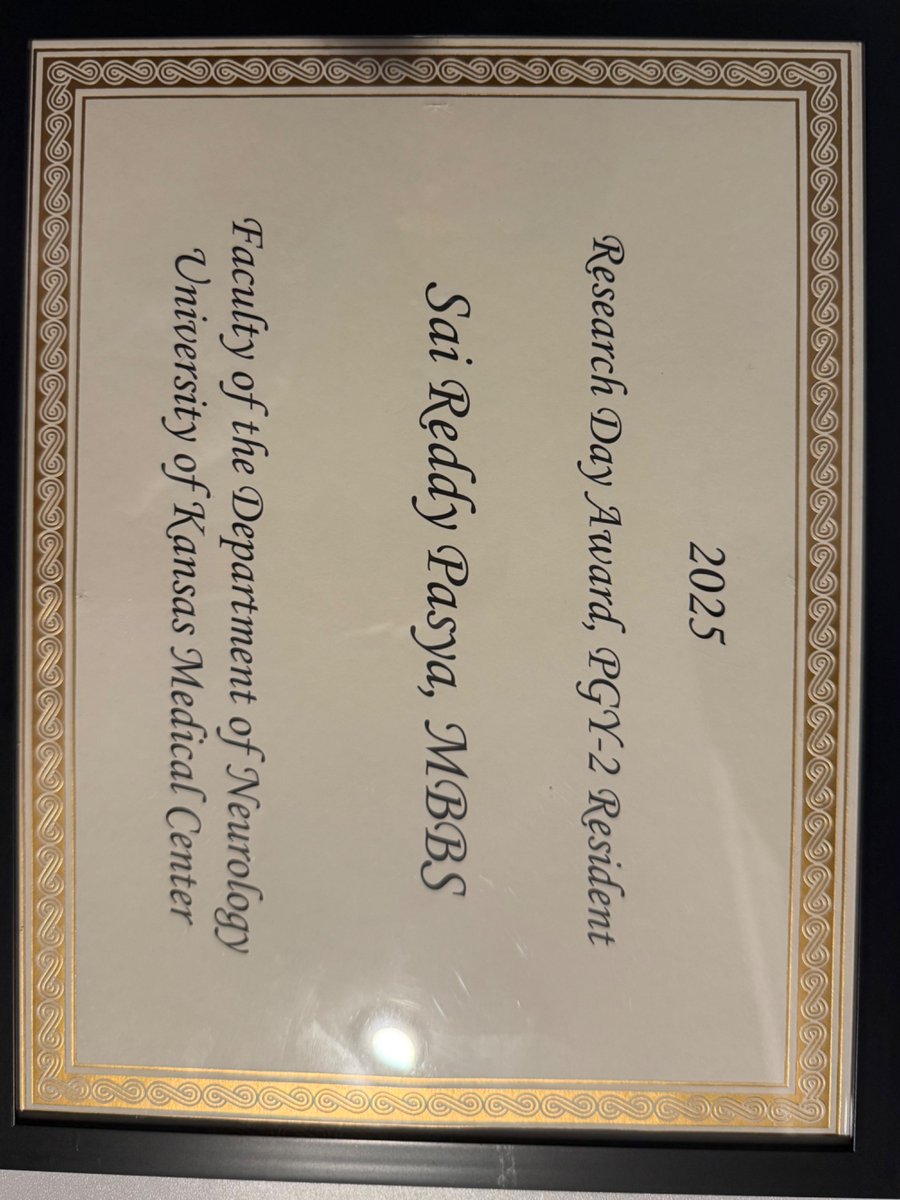 skrpasya's tweet image. Happy to receive “the PGY-2 Resident Research Day Award for the year 2024–2025”at KU Neurology Research day 2025. Grateful for the incredible mentorship and support I have so far! 

#Neurology #Research #KUMC #Gratitude