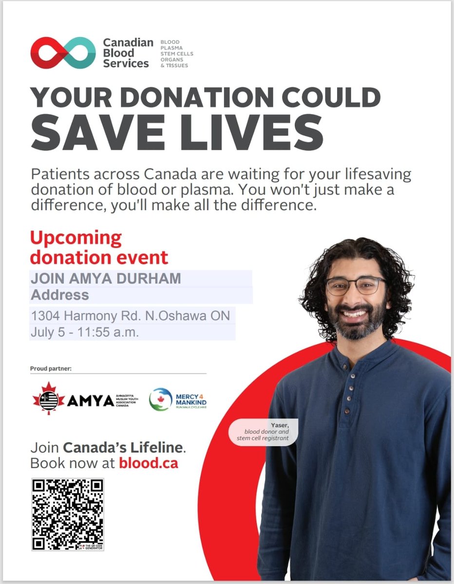 As part of Ahmadiyya Muslim Youth Association Canada's 'Mercy 4 Mankind' campaign, Ahmadiyya Muslim Youth from Durham, ON are donating blood.

A selfless mission to safeguard lives

🗓️ July 5, 2025
📍1304 Harmony Rd, Oshawa, ON

#CanadasLifeLine #Mercy4Mankind #Durham