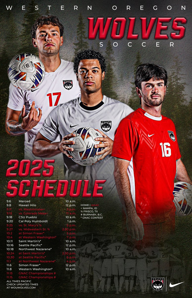 WOU_Wolves's tweet image. Mark your calendars...

The 2025 schedule poster for your reigning GNAC Champion Western Oregon men&apos;s soccer team is available now at the Wolves athletic office!
🐺⚽️