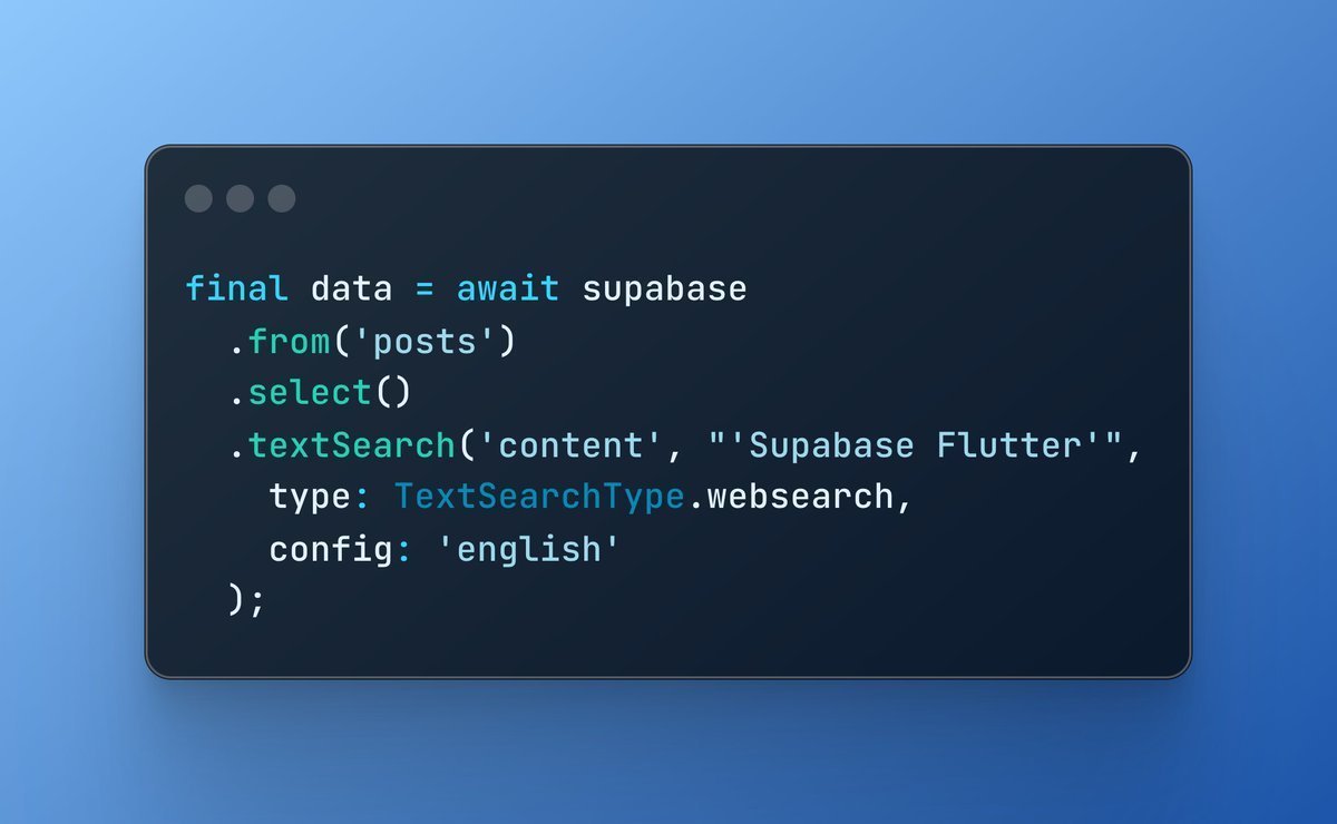 dshukertjr's tweet image. Supabase makes implementing a search feature incredibly easy!
Just call the `textSearch` filter, and you now have a keyword search feature in your app 🔎