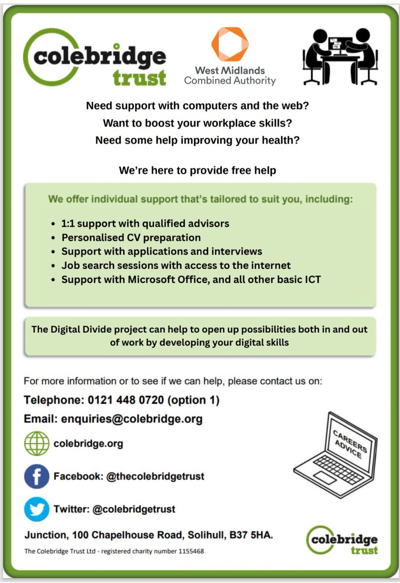 We supporting over 18's in #solihull #northsolihull with improving digital skills / IT skills.  Get online, make better use of technology, improve prospects...help others.  Get in touch via 0121 448 0720 or email jobs@colebridge.org