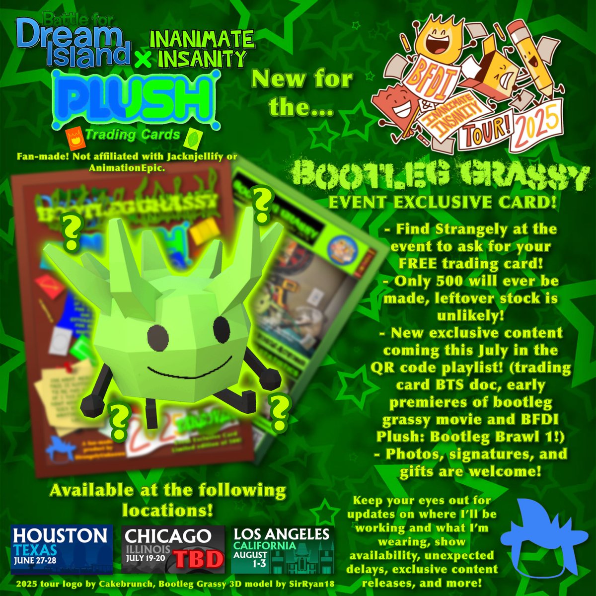 HiImStrangely's tweet image. BOOTLEG GRASSY IS ON THE RUN and has immortalized himself in a BRAND NEW TRADING CARD for the BFDI &amp;amp; Inanimate Insanity 2025 Tour! i’ll be at the Houston and LA shows (Chicago TBD) and if you see me around, ask me for this LIMITED EDITION card! see you there! :D 💚🛸