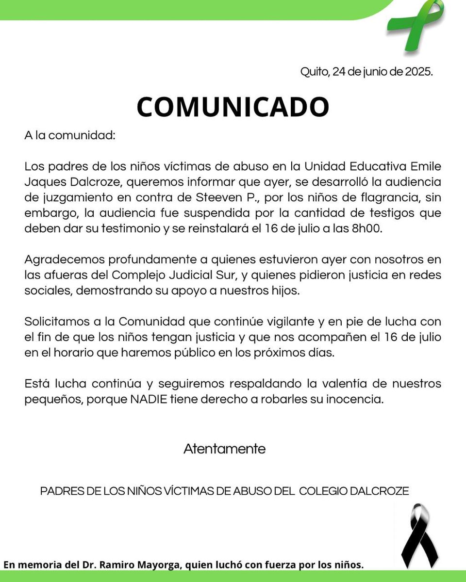 Agradecemos el apoyo que dan a las Familias de lxs Niñxs que fueron víctimas de abuso sexual en el Colegio Jaques Dalcroze. Dado que la audiencia programada para hoy se suspendió invitamos a reforzar el acompañamiento el día 16:00 de julio a las 08:00 en el Complejo Judicial Sur
