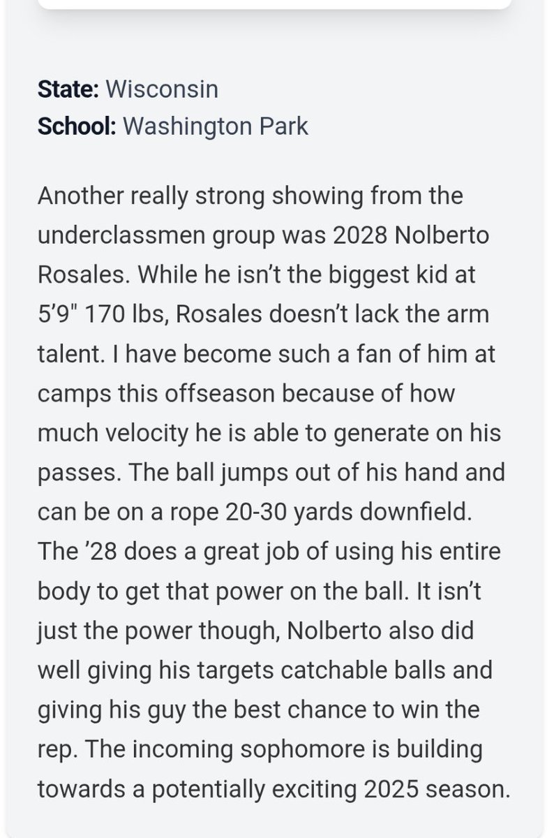 Nolberto Rosales III 2028 Dual Threat QB (@nolberto_iii) on Twitter photo I wanna thank <a href="/MJ_NFLDraft/">Mark Johnson</a> also <a href="/PrepRedzoneWI/">Prep Redzone Wisconsin</a> for the write up ✍️from the whitewater Mega Camp! also broke my PR 40 yard dash with a 4.9🚨🚨‼️‼️🚨
<a href="/ToledoQBs/">Robert Weiner</a>
<a href="/More2SayPod/">More to Say</a>
<a href="/CSAPrepStar/">PREPSTAR</a> <a href="/OJW_Scouting/">PrepRedzone Oliver</a> <a href="/PrepRedzone/">Prep Redzone 🏈</a> <a href="/PrepRedzoneIL/">Prep Redzone Illinois</a> <a href="/PrepRedzoneIN/">Prep Redzone Indiana</a> <a href="/PrepRedzoneMI/">Prep Redzone Michigan</a> <a href="/PrepRedzoneAL/">Prep Redzone Alabama</a> I wanna thank <a href="/MJ_NFLDraft/">Mark Johnson</a> also <a href="/PrepRedzoneWI/">Prep Redzone Wisconsin</a> for the write up ✍️from the whitewater Mega Camp! also broke my PR 40 yard dash with a 4.9🚨🚨‼️‼️🚨
<a href="/ToledoQBs/">Robert Weiner</a>
<a href="/More2SayPod/">More to Say</a>
<a href="/CSAPrepStar/">PREPSTAR</a> <a href="/OJW_Scouting/">PrepRedzone Oliver</a> <a href="/PrepRedzone/">Prep Redzone 🏈</a> <a href="/PrepRedzoneIL/">Prep Redzone Illinois</a> <a href="/PrepRedzoneIN/">Prep Redzone Indiana</a> <a href="/PrepRedzoneMI/">Prep Redzone Michigan</a> <a href="/PrepRedzoneAL/">Prep Redzone Alabama</a>