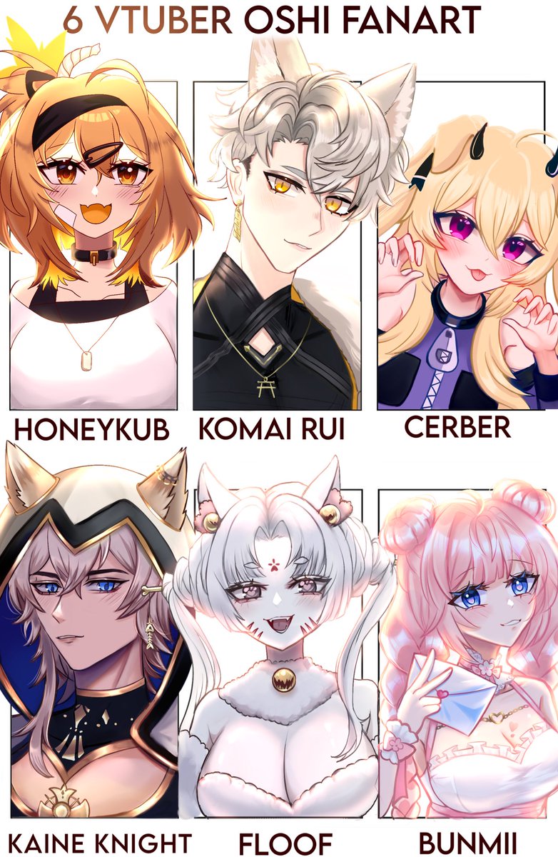 My 6 Vtuber Oshi fan art 👉👈😳💕 
Thank you for inspiring me on my goal to become a full time vtuber, artist and content creator! 🥹
#Kubbyart #Komaillust #cerberart #KaineCG #baiwart #bunfART