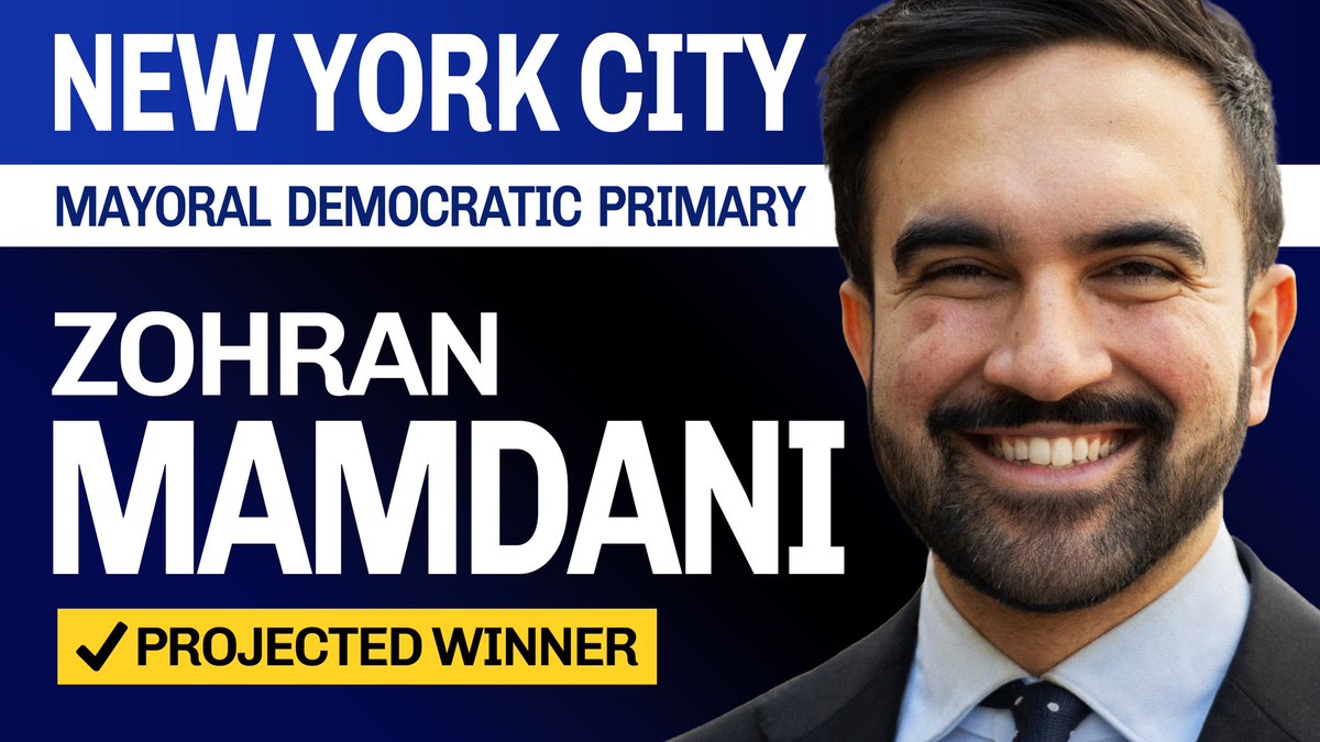ElectionTime_'s tweet image. 🟦Zohran Mamdani is the projected winner of the New York City Mayoral Democratic Primary, defeating Andrew Cuomo.
