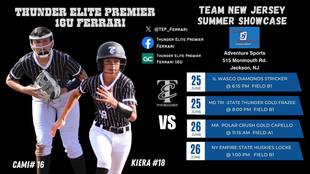 Kat Taylor (@kattaylor2027) on Twitter photo Off to New Jersey this weekend with some great girls & teammates. Come check out my <a href="/TEP_Ferrari/">Thunder Elite Premier - Ferrari</a> team! <a href="/coach_kgreen/">Kelley Green</a> <a href="/CoastalSoftball/">Coastal Carolina SB</a> <a href="/RMUSoftball/">RMU Softball</a> <a href="/CoachJexx_RMU/">Coach Jexx</a> <a href="/FAUSoftball/">Florida Atlantic Softball</a> <a href="/UNCWsoftball/">UNCW Softball</a> <a href="/AshleyWadeUNCW/">Ashley Wade</a> <a href="/ValpoSoftball/">Valpo Softball</a> <a href="/FlyerSoftball/">Dayton Softball</a> <a href="/MiamiOH_SB/">Miami Softball</a> <a href="/IlliniSB/">Illinois Softball</a> <a href="/USFSoftball/">USF Softball</a> Off to New Jersey this weekend with some great girls & teammates. Come check out my <a href="/TEP_Ferrari/">Thunder Elite Premier - Ferrari</a> team! <a href="/coach_kgreen/">Kelley Green</a> <a href="/CoastalSoftball/">Coastal Carolina SB</a> <a href="/RMUSoftball/">RMU Softball</a> <a href="/CoachJexx_RMU/">Coach Jexx</a> <a href="/FAUSoftball/">Florida Atlantic Softball</a> <a href="/UNCWsoftball/">UNCW Softball</a> <a href="/AshleyWadeUNCW/">Ashley Wade</a> <a href="/ValpoSoftball/">Valpo Softball</a> <a href="/FlyerSoftball/">Dayton Softball</a> <a href="/MiamiOH_SB/">Miami Softball</a> <a href="/IlliniSB/">Illinois Softball</a> <a href="/USFSoftball/">USF Softball</a>