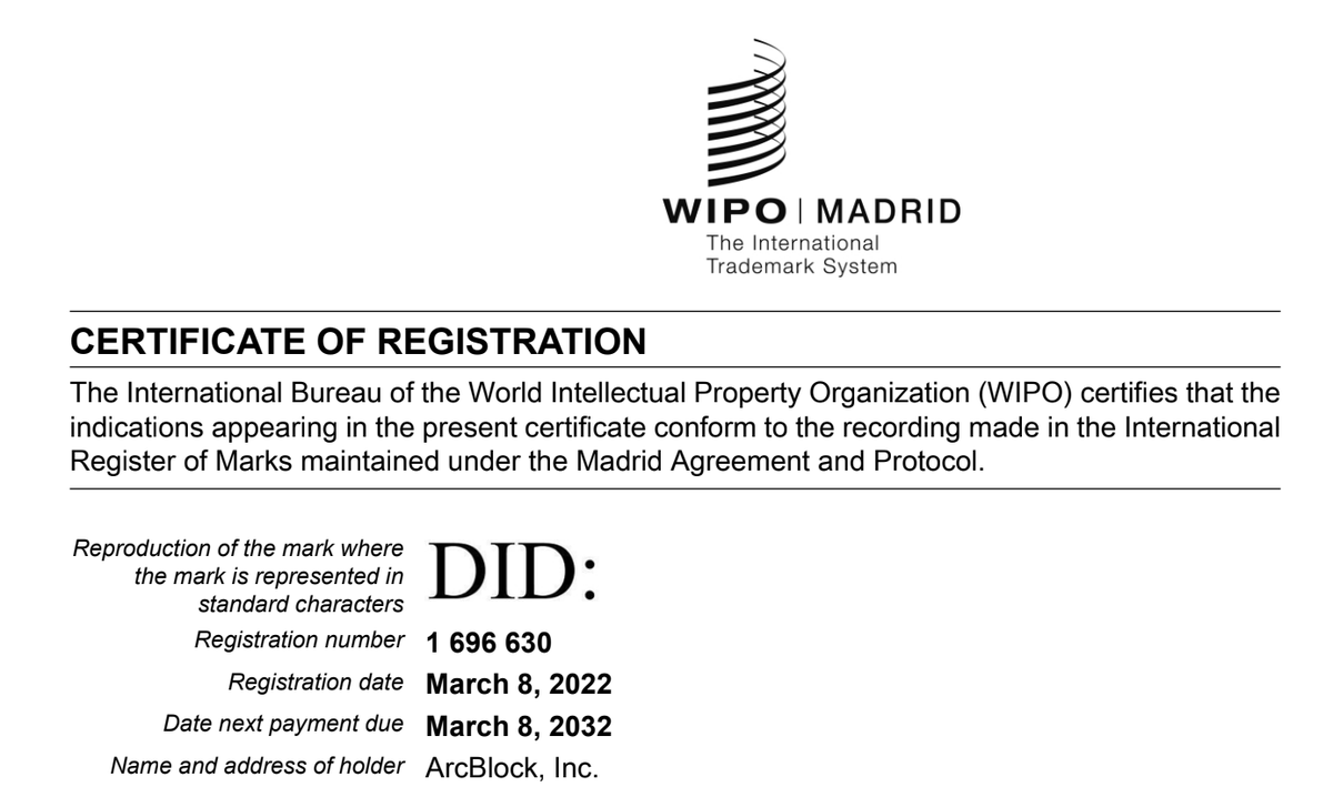 🆔 ArcBlock $ABT holds the international trademark for 'DID:' (#DecentralizedIdentity)

ArcBlock acquired this trademark in 2022 to showcase our continued commitment to #DecentralizedIdentity technology &amp; protect it from bad actors in the space.

More coming soon.