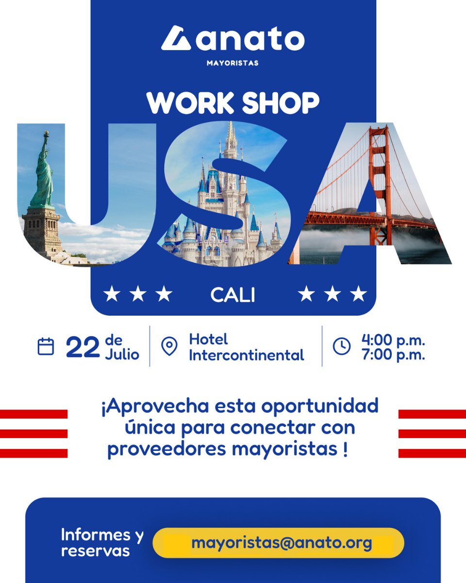 📢 ¡Agencias mayoristas!
Los invitamos a participar en nuestros próximos Work Shops ✈️
🗓️ Medellín – 16 julio
🗓️ Cali – 22 julio
🗓️ Bogotá – 13 agosto (con destinos exóticos)
¡Promovamos juntos el destino USA y más! 🌎
📩 Escríbeme para más info.
 mayoristas@anato.org