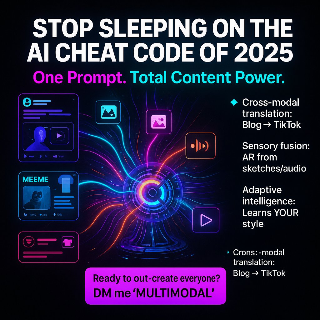 DustinMinch's tweet image. Everyone pretending AI is just a “helper” is getting crushed. Multimodal models are the only unfair advantage in 2025—1 prompt, text/image/audio/video, all done. If you’re still juggling tools, you’re obsolete. DM me “MULTIMODAL” before I pull this. 💥🤖 #AIGrowth #ContentHacks