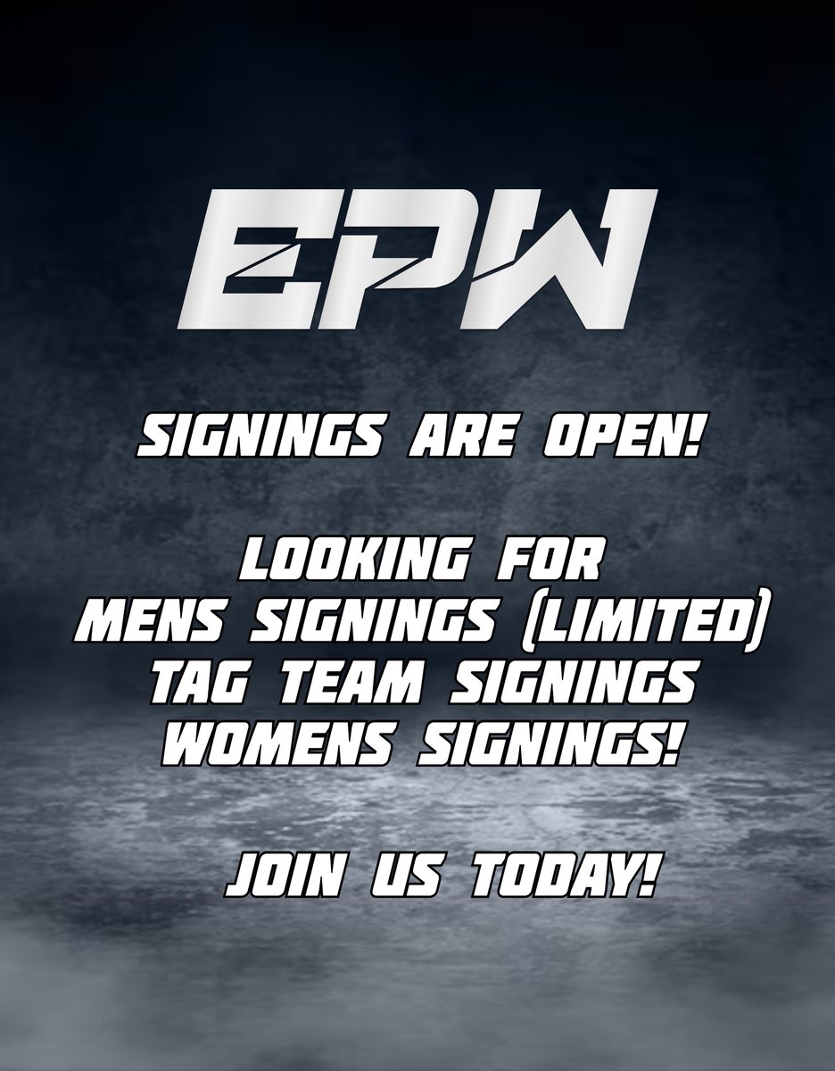 EPW signings are OPEN! 

Looking for 
- Mens (Limited)
- Women Stars
- Tag Team Stars

Click here to fill out the application form!
forms.gle/f4v7E4kr5rT2bd…

Join our discord
discord.gg/SC4QXw7AZG