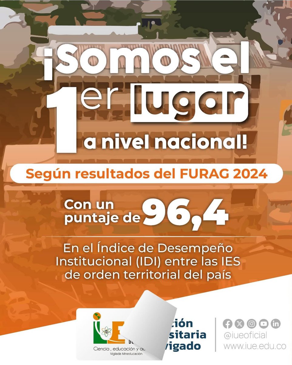 IUEOficial's tweet photo. ¡La IUE es referente nacional!

Segundo año consecutivo, ocupando el primer lugar en el Índice de Desempeño Institucional (IDI), medido por el FURAG 2024, con un puntaje de 96,4.

Ratificamos nuestro compromiso eficiente con la calidad, la transparencia y la gestión pública. https://t.co/iJtr6I6lQr